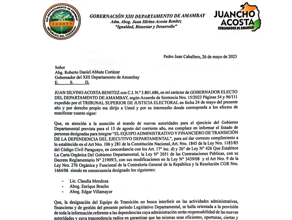 Juancho Acosta presentó equipo de transición para la Gobernación de Amambay 